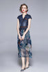 Charming & Vivid High Quality Women Autumn Dress, 2-Piece Set, Belted Denim Top + Chiffon Floral Skirt, Trendy Office & Evening Wear